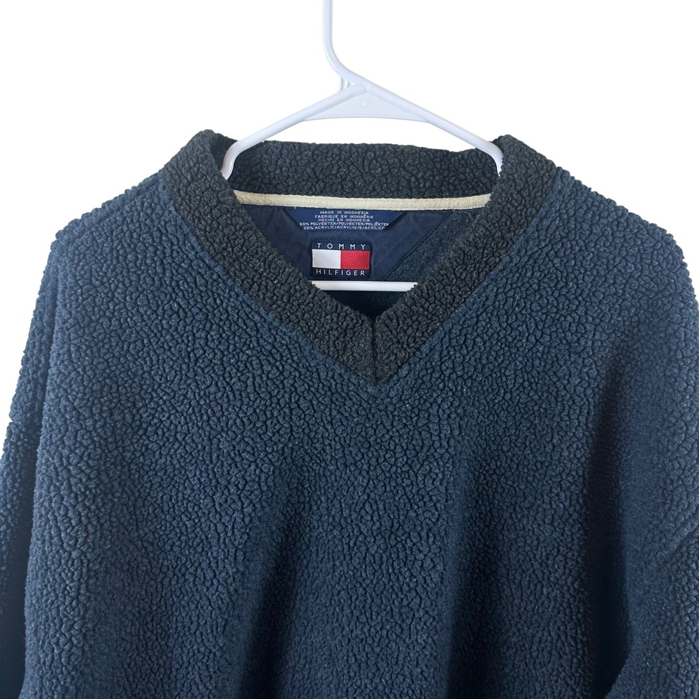 Tommy Hilfiger Fleece Pullover Mens XL Navy Blue V-Neck Sherpa Outdoor Sweater‎